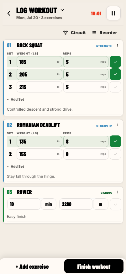 STRIDE Active Workout screen with editable strength and cardio entries during a three-exercise workout.