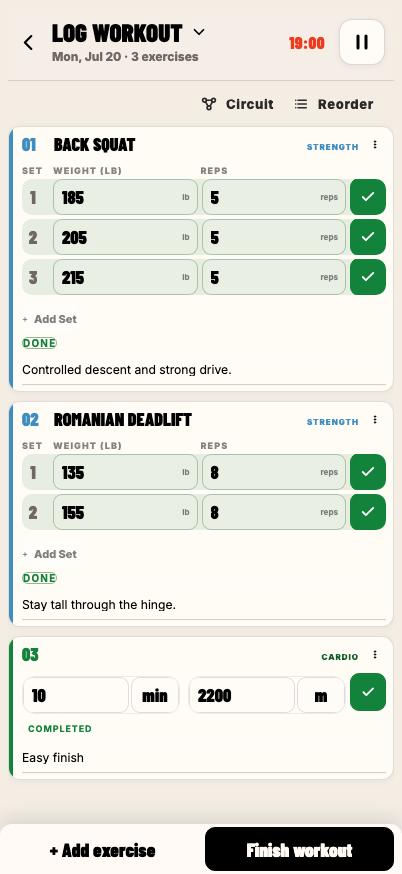 Earlier STRIDE Active Workout design showing three completed exercises as fully expanded cards.
