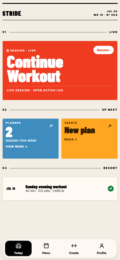 STRIDE home dashboard showing a live workout, upcoming planning actions, and recent workout history.