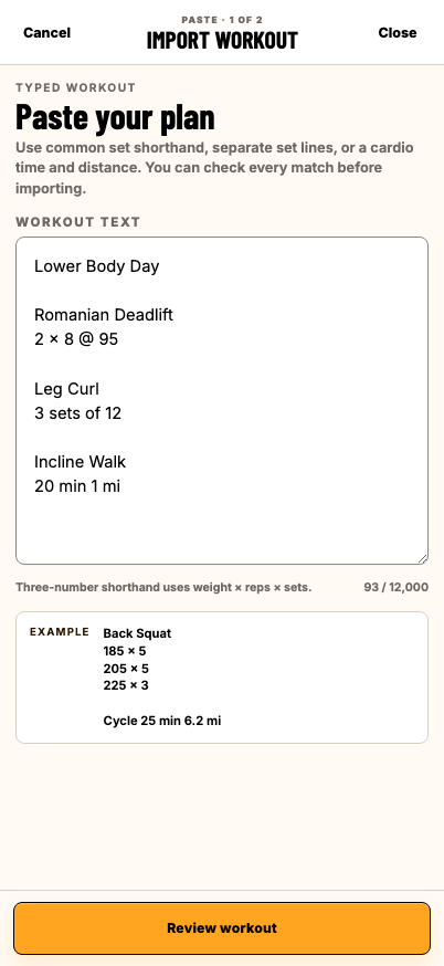 STRIDE workout import with a pasted Lower Body Day plan ready for review.