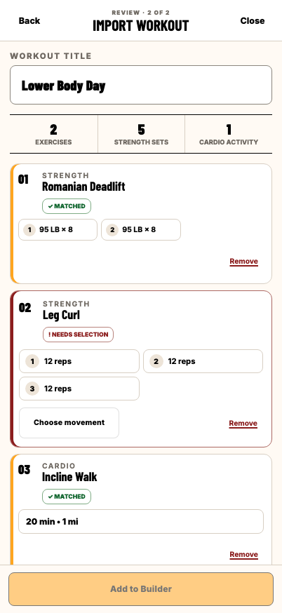 Imported workout review showing matched movements and a Leg Curl entry that needs a movement selection.