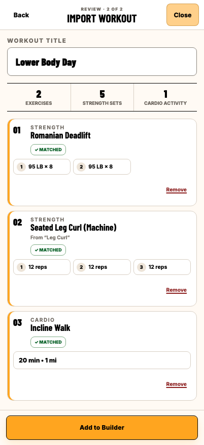Imported workout review after Leg Curl is resolved to Seated Leg Curl and all movements are matched.