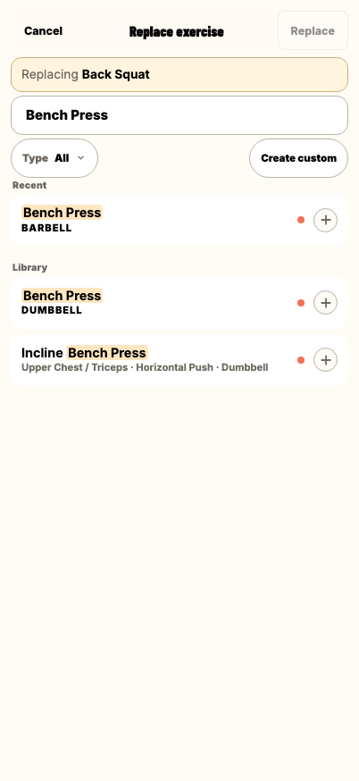 Movement picker searching for Bench Press while replacing Back Squat.