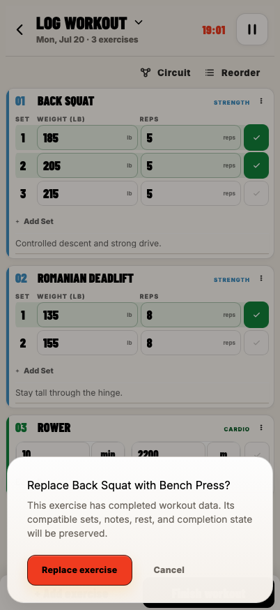 Confirmation dialog explaining that compatible Back Squat workout data will be preserved when replacing it with Bench Press.