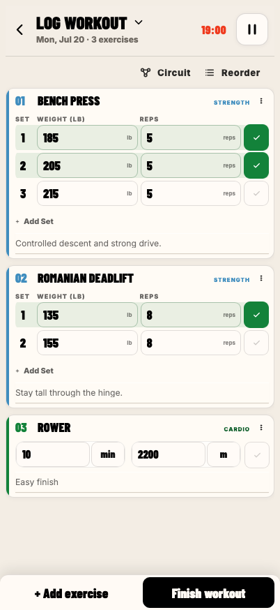 Active Workout after replacement, with Bench Press retaining the compatible weights, reps, notes, and completion state.