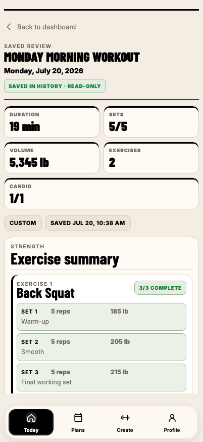 STRIDE completion review showing saved workout totals and a completed Back Squat exercise summary.