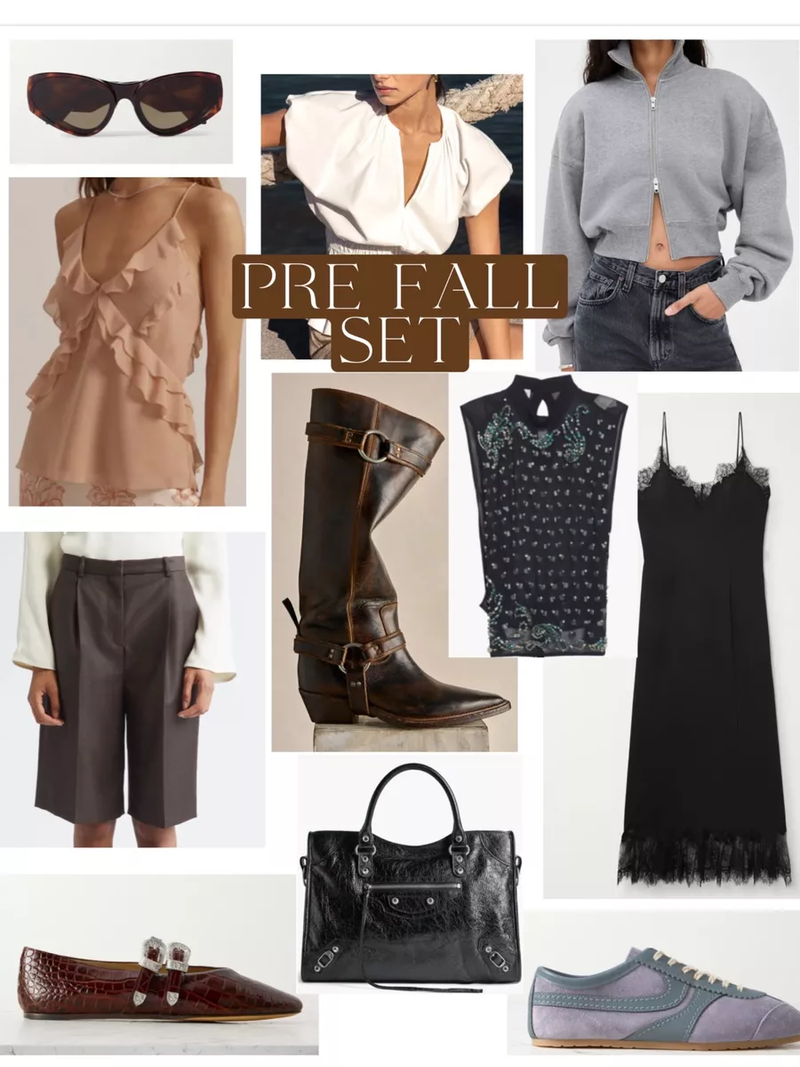 A Pre Fall Set product collage featuring apparel, shoes, sunglasses, and accessories selected for an affiliate edit.