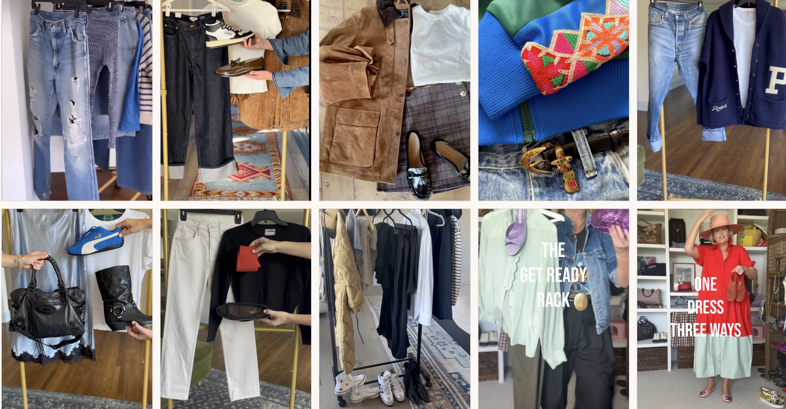 Fashion styling mood board with clothing racks, outfits, and accessories